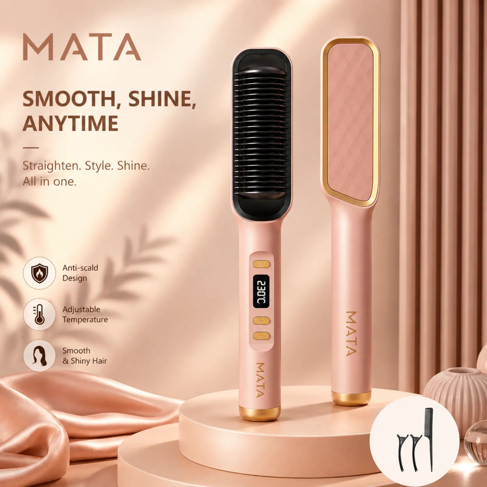 MATA™ Multifunctional Anti-Scald Negative Ion Hair Straightening Comb | Fast Heat Ceramic Brush