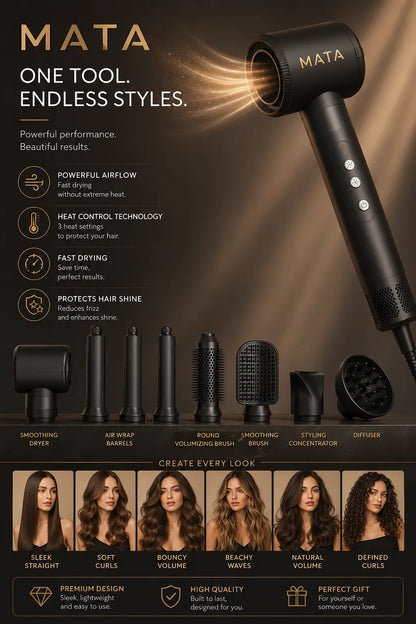 MATA 7-in-1 High-Speed Ionic Hair Dryer & Air Styler | Negative Ion Hair Styling Tool