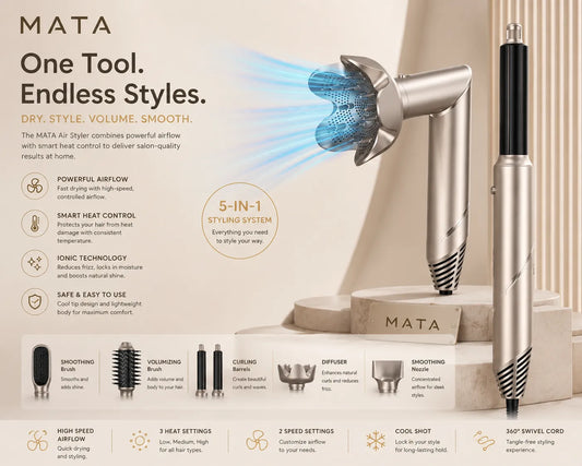 MATA 6-in-1 High-Speed Ionic Hair Dryer & Air Styler | Fast Drying Blow Dryer Brush with Hot & Cold Air