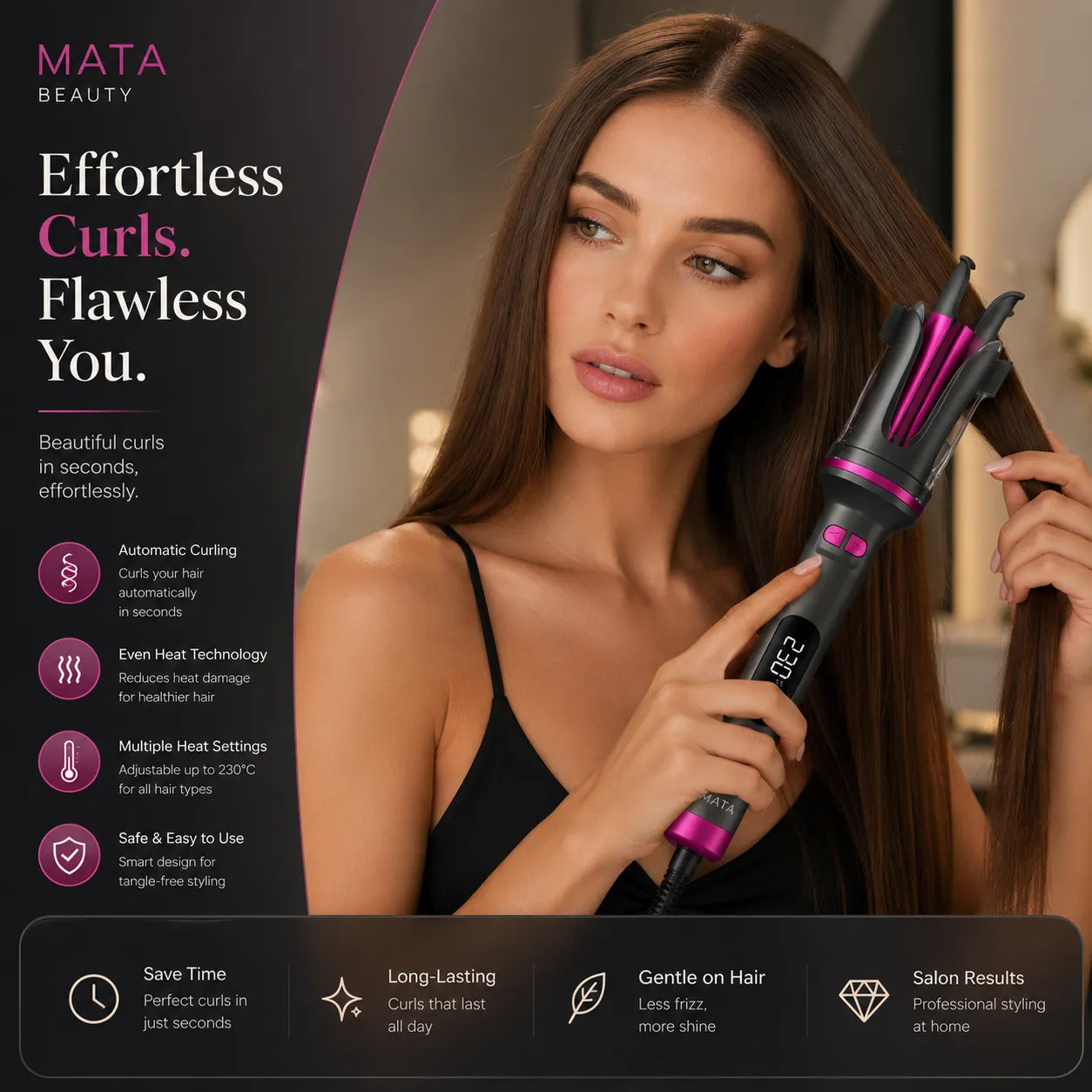 MATA Automatic 32mm Hair Curler | Negative Ion Curling Wand with Anti-Scald Protection