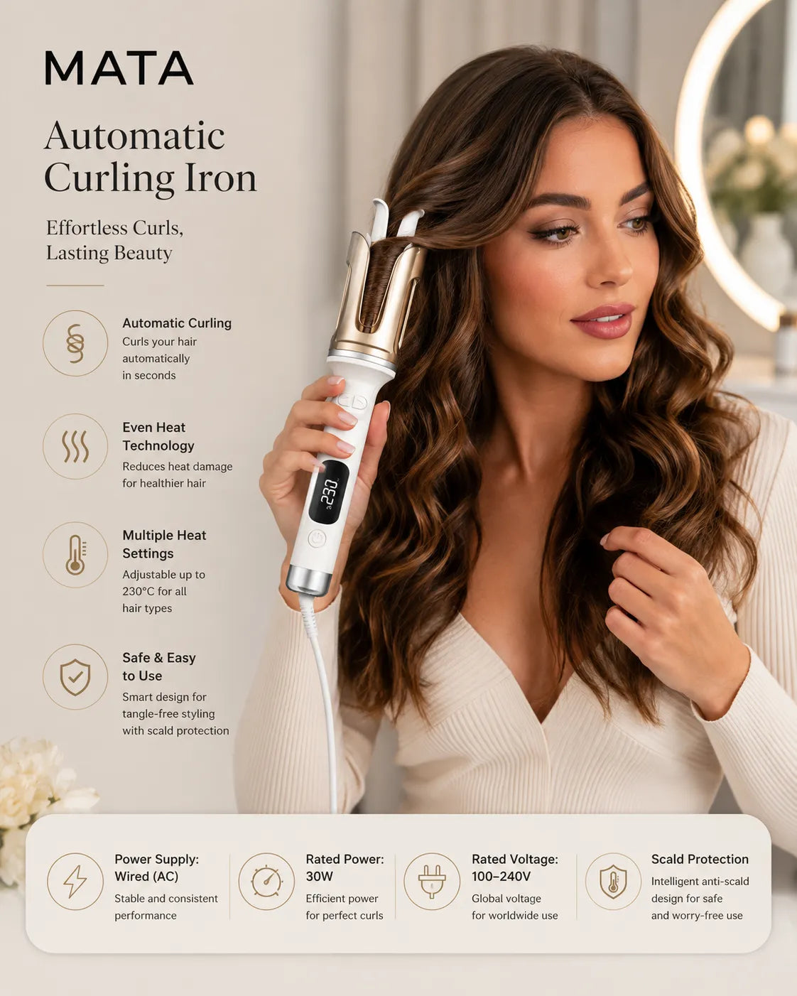 MATA Automatic 32mm Hair Curler | Negative Ion Curling Wand with Anti-Scald Protection