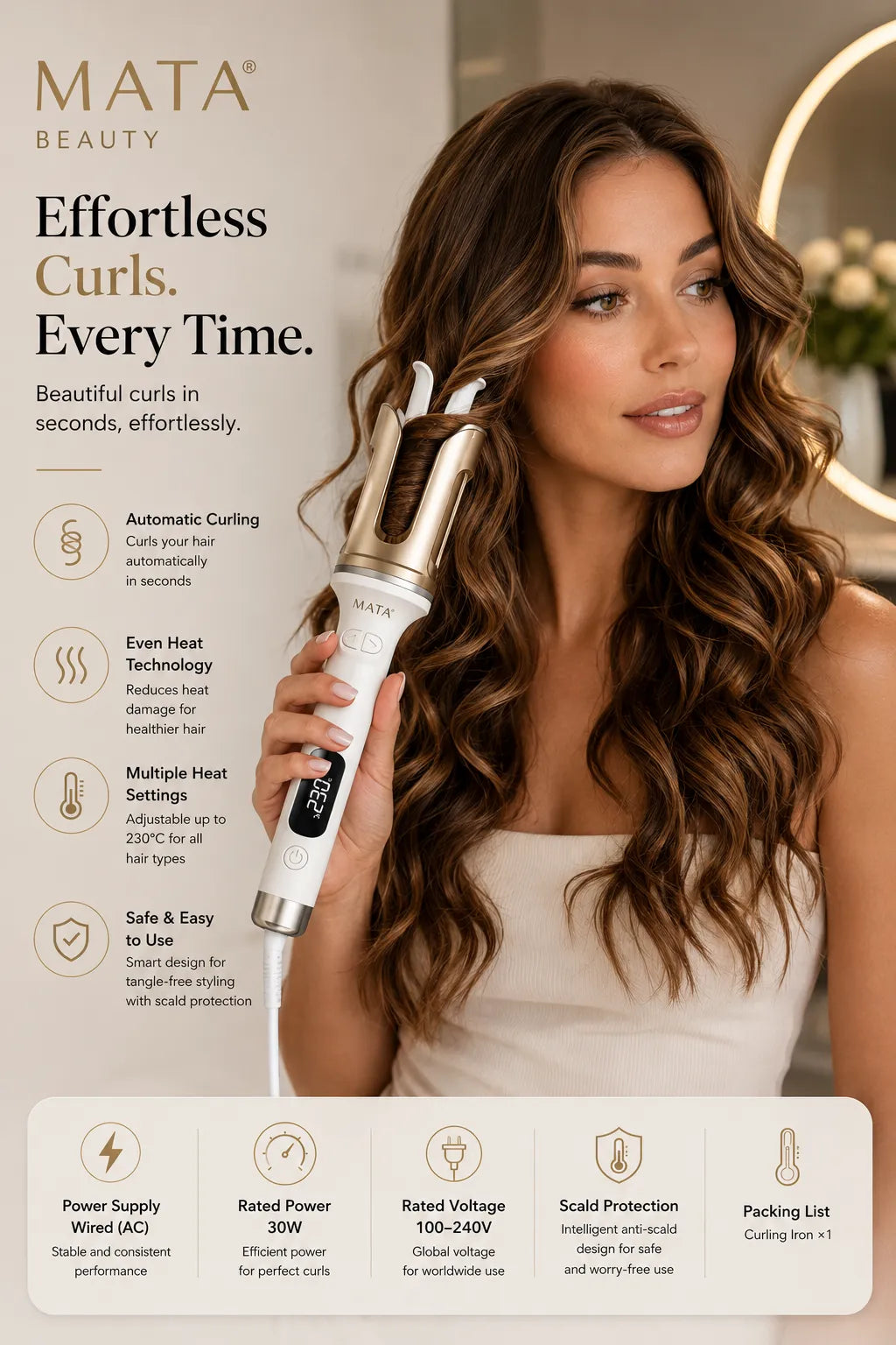 MATA Automatic 32mm Hair Curler | Negative Ion Curling Wand with Anti-Scald Protection