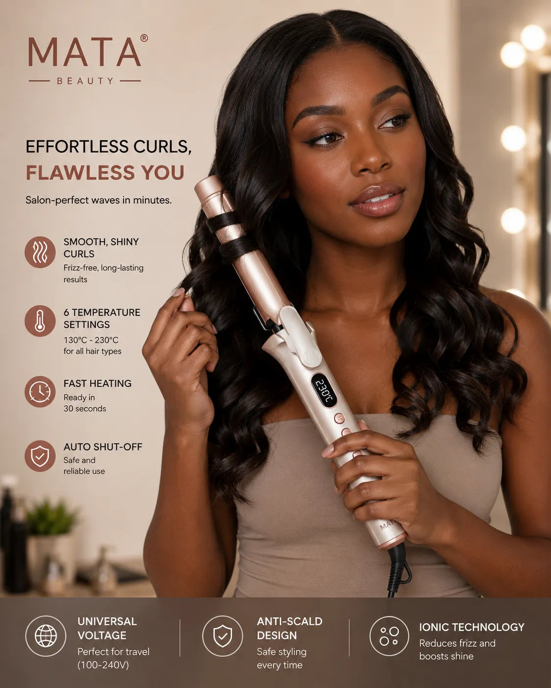 MATA Mini Ceramic Hair Curler | Portable Curling Iron for Smooth, Long-Lasting Curls