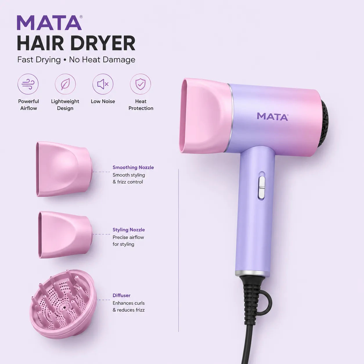 MATA Foldable Negative Ion Hair Dryer | Professional Fast-Drying Hair Dryer for Home & Travel