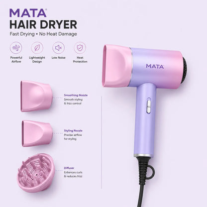 MATA Foldable Negative Ion Hair Dryer | Professional Fast-Drying Hair Dryer for Home & Travel