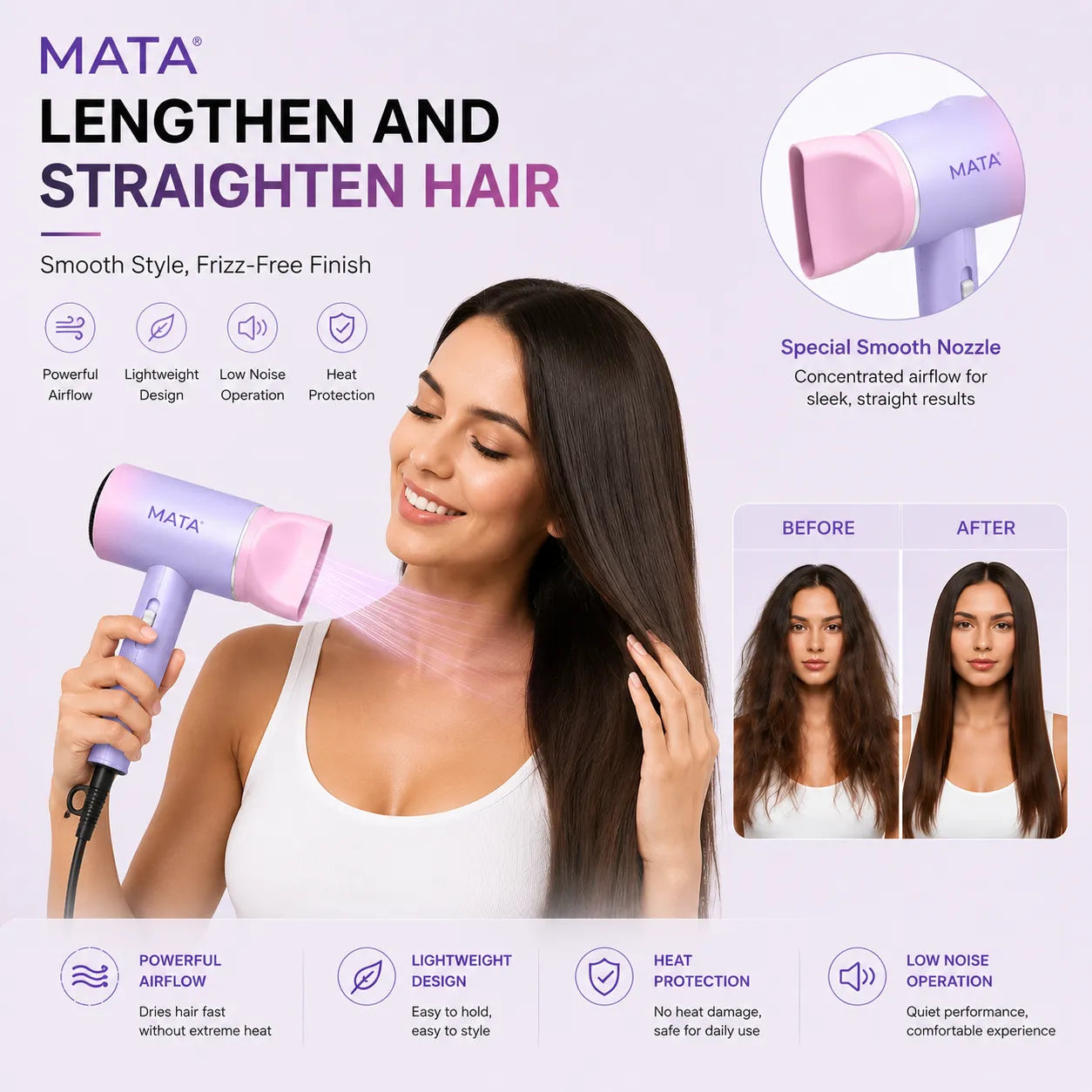 MATA Foldable Negative Ion Hair Dryer | Professional Fast-Drying Hair Dryer for Home & Travel