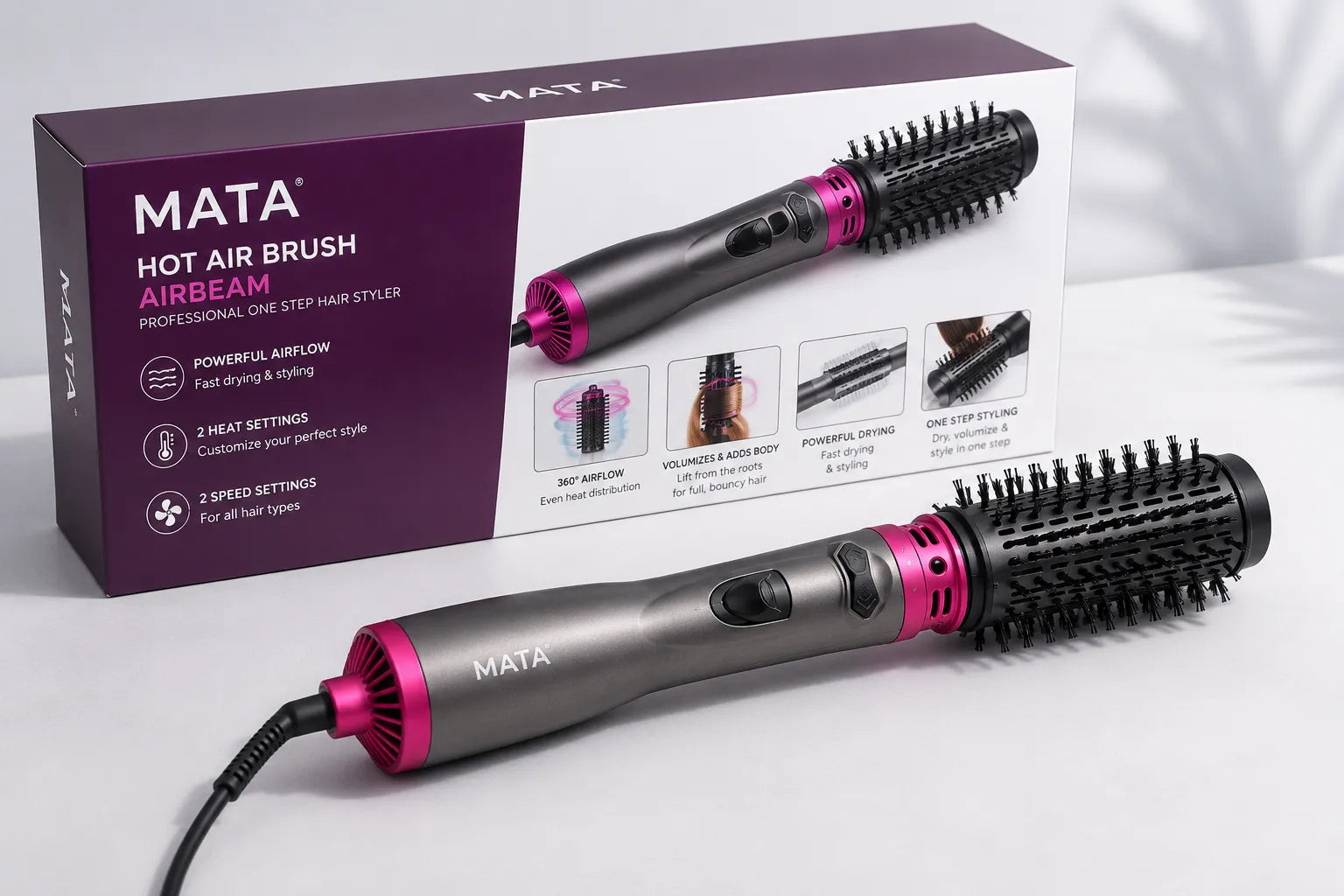 MATA 2-in-1 Rotating Hot Air Brush | Hair Dryer Brush, Volumizer & Curling Styler