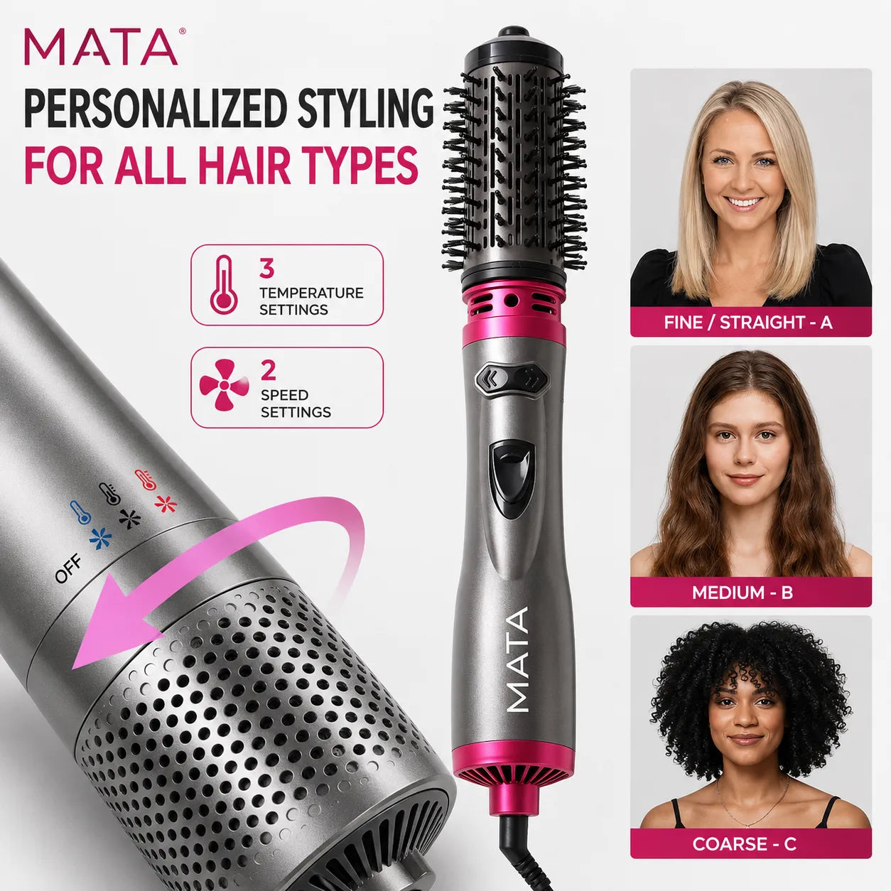 MATA 2-in-1 Rotating Hot Air Brush | Hair Dryer Brush, Volumizer & Curling Styler