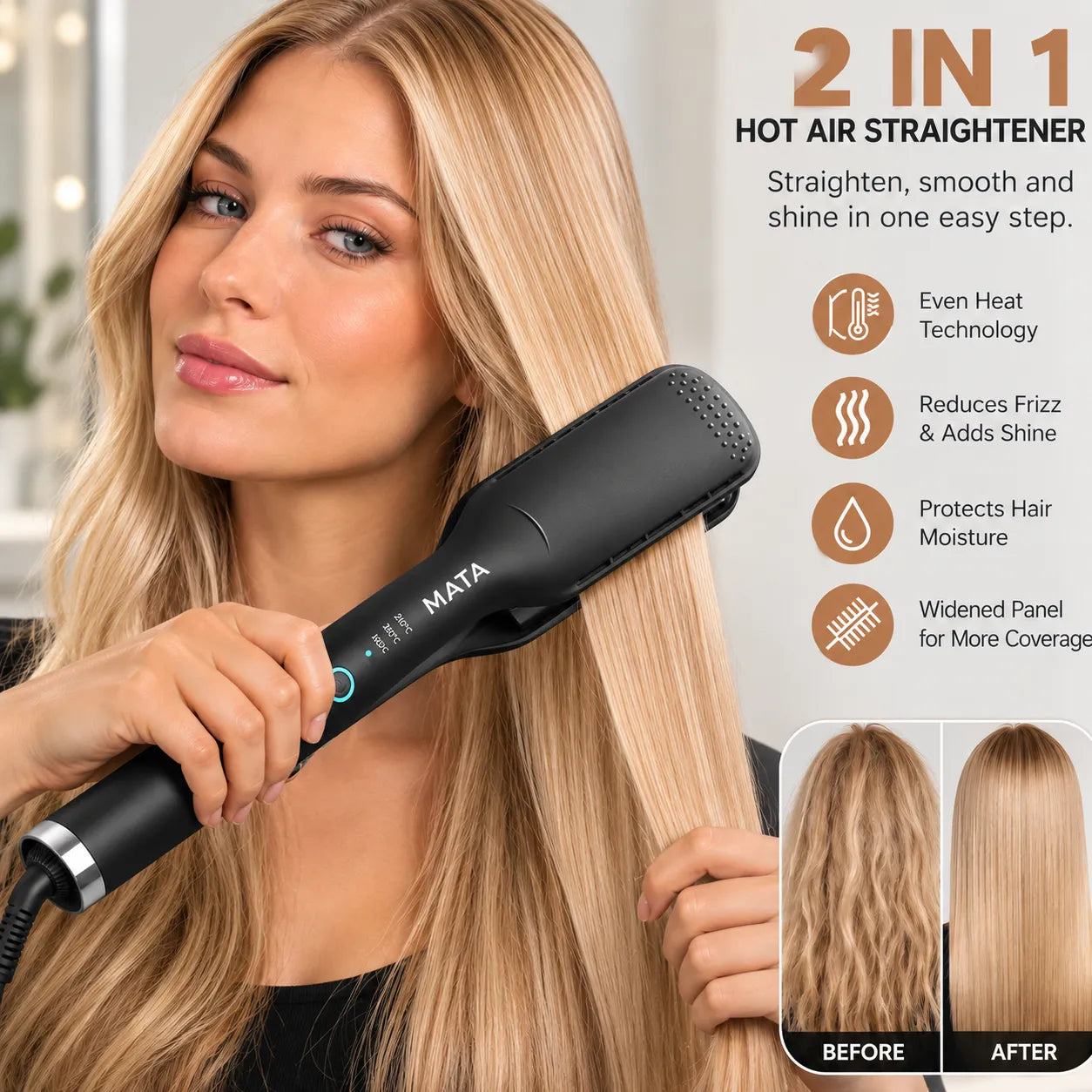 MATA 2-in-1 Hot Air Hair Straightener | Wet & Dry Ionic Ceramic Flat Iron