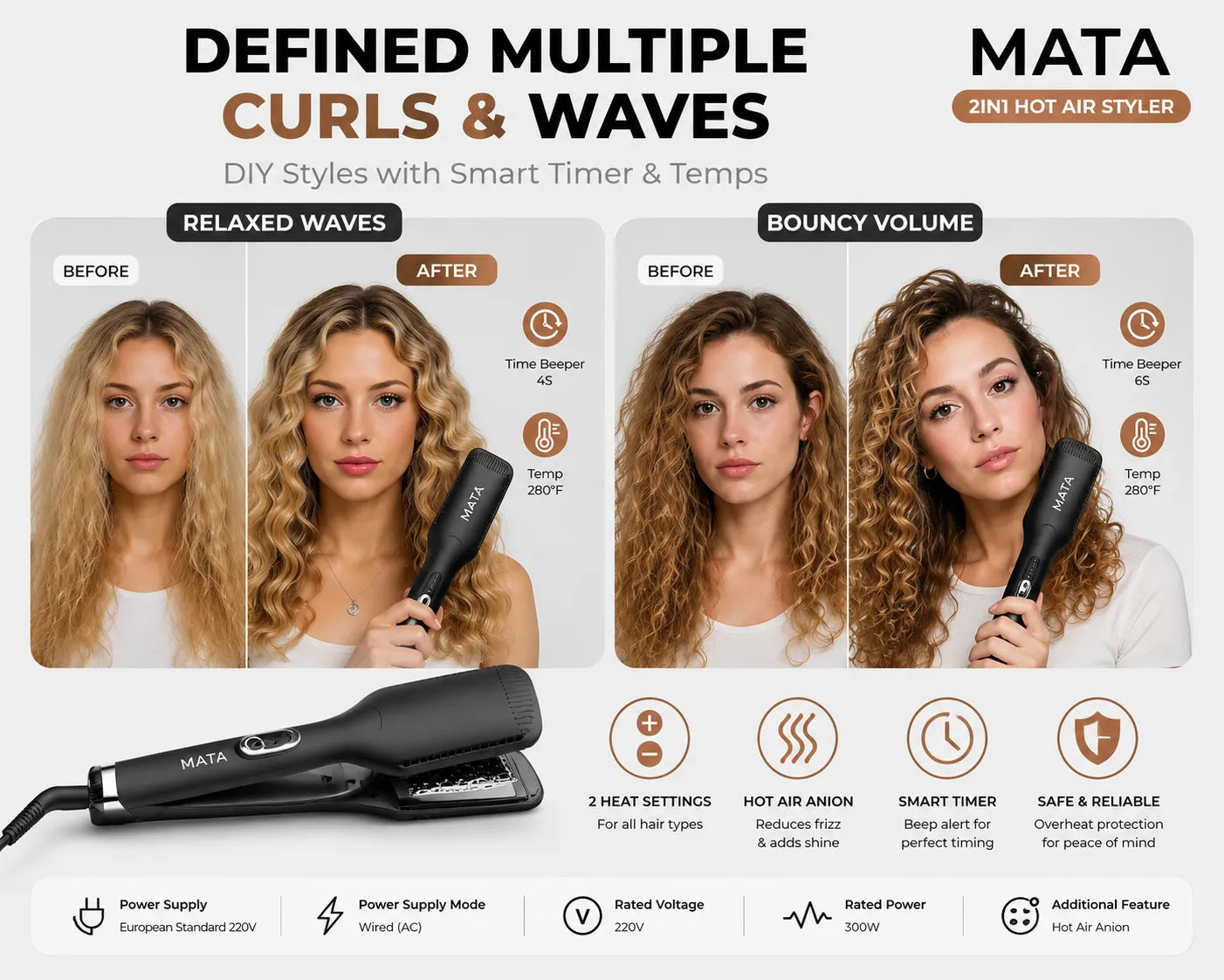 MATA 2-in-1 Hot Air Hair Straightener | Wet & Dry Ionic Ceramic Flat Iron