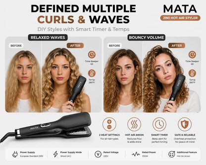 MATA 2-in-1 Hot Air Hair Straightener | Wet & Dry Ionic Ceramic Flat Iron