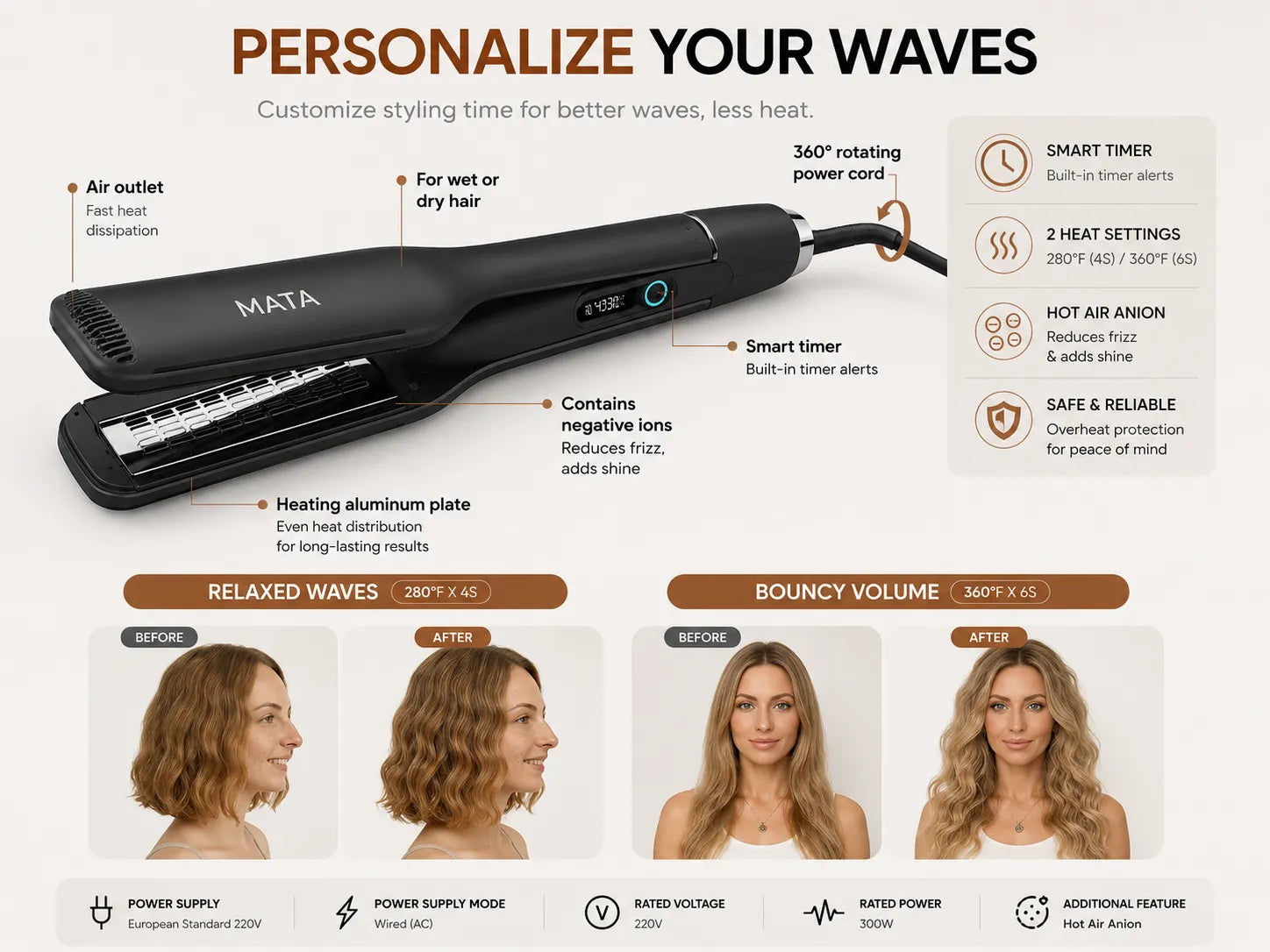 MATA 2-in-1 Hot Air Hair Straightener | Wet & Dry Ionic Ceramic Flat Iron