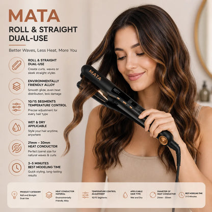 MATA Professional 2-in-1 Hair Straightener & Curler | Adjustable Temperature Ceramic Flat Iron