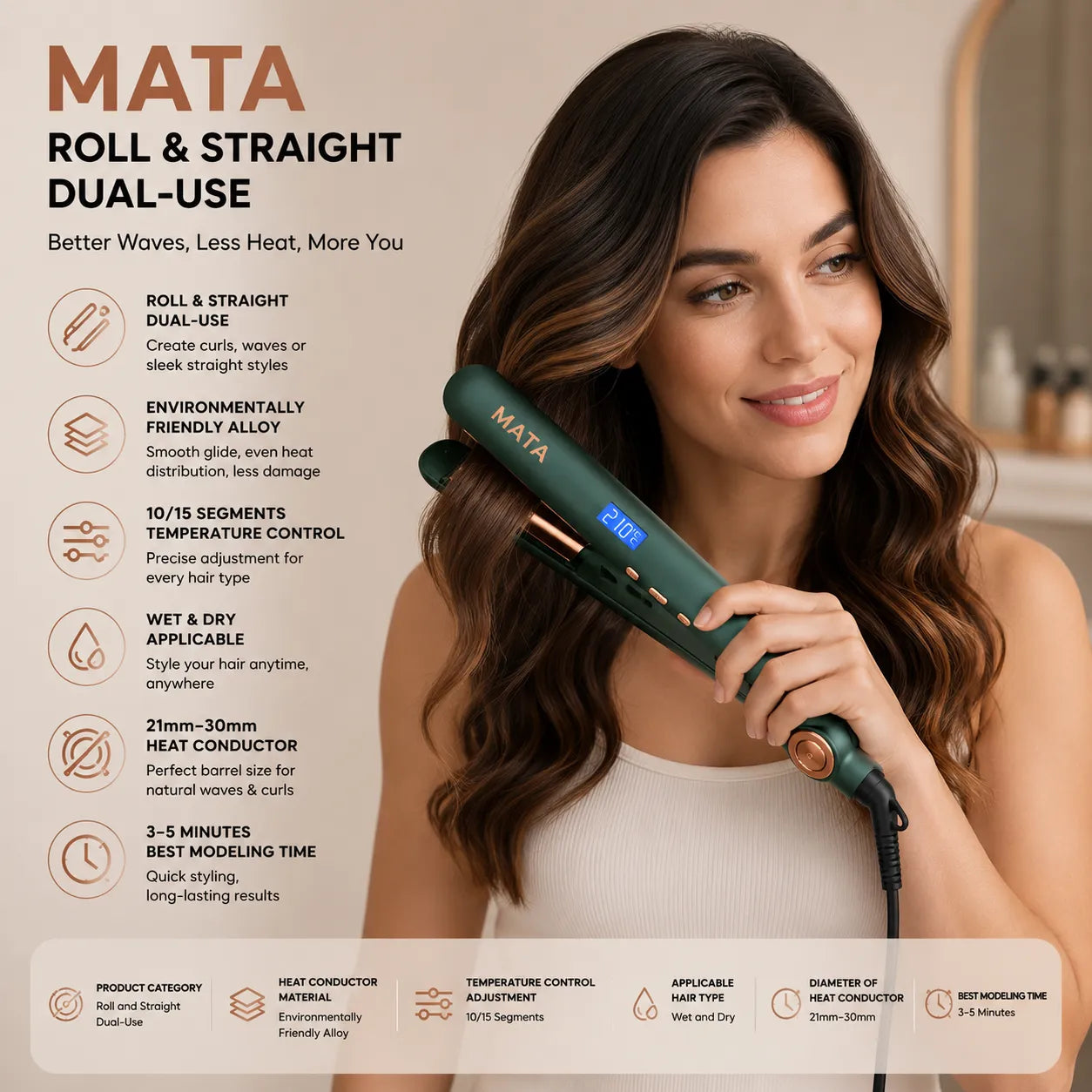 MATA Professional 2-in-1 Hair Straightener & Curler | Adjustable Temperature Ceramic Flat Iron