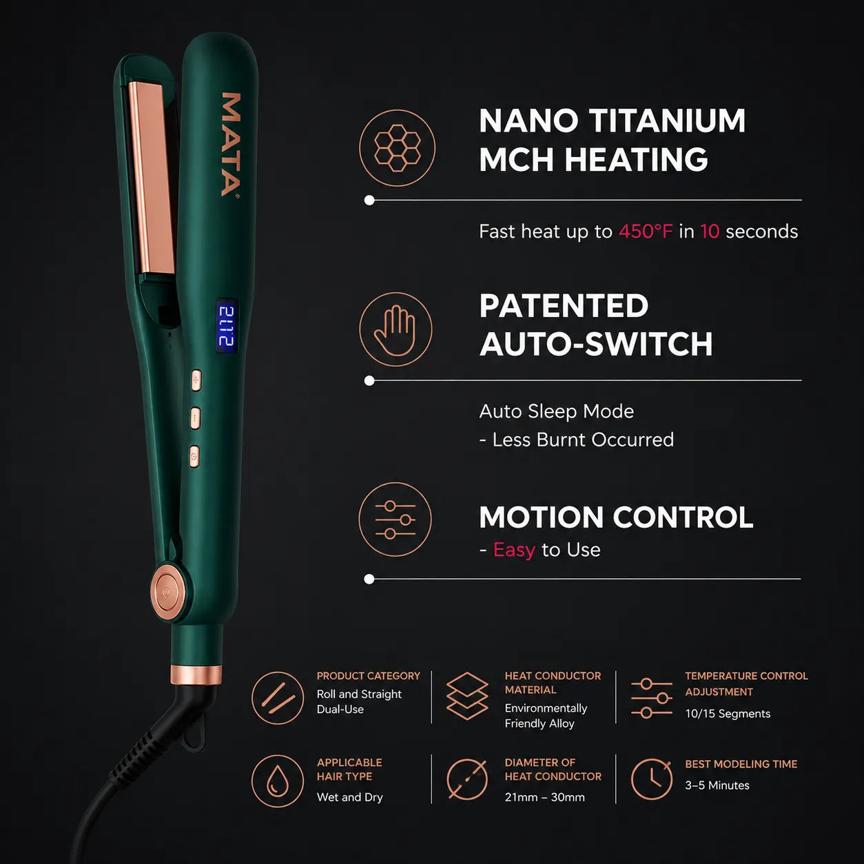 MATA Professional 2-in-1 Hair Straightener & Curler | Adjustable Temperature Ceramic Flat Iron