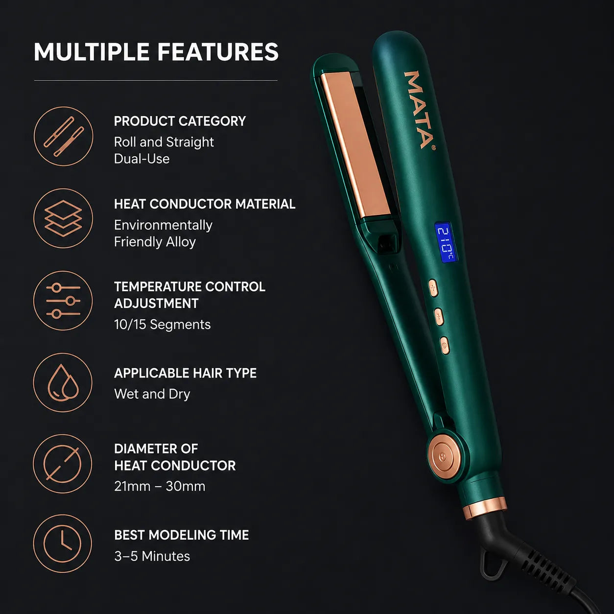 MATA Professional 2-in-1 Hair Straightener & Curler | Adjustable Temperature Ceramic Flat Iron
