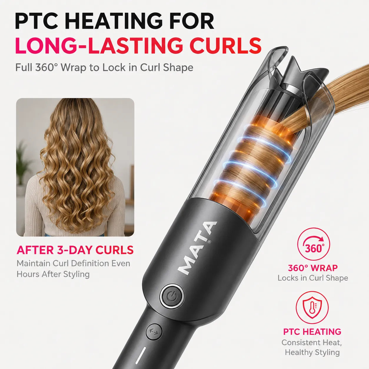 MATA Automatic Ionic Hair Curler | Tourmaline Ceramic Auto Curling Iron for Effortless Curls