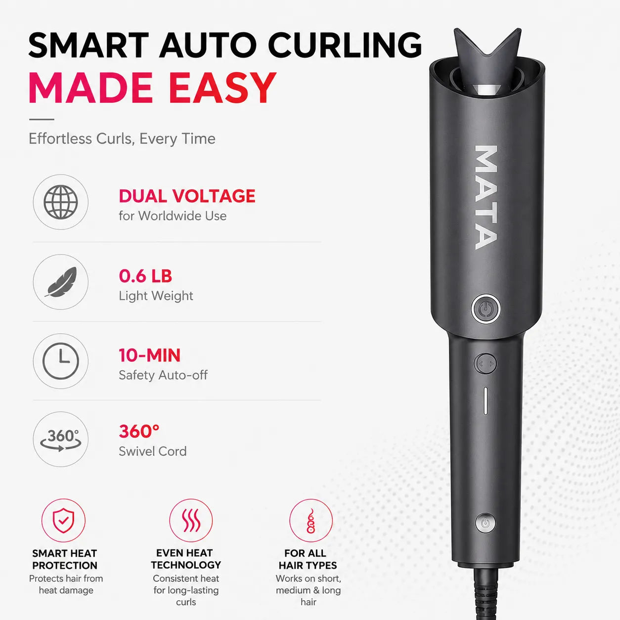 MATA Automatic Ionic Hair Curler | Tourmaline Ceramic Auto Curling Iron for Effortless Curls