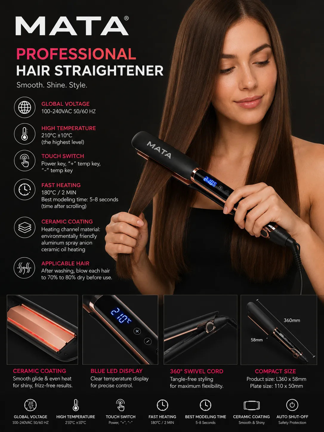 MATA Infrared Hair Straightener | Ionic Ceramic Flat Iron with LED Display & Fast Heating