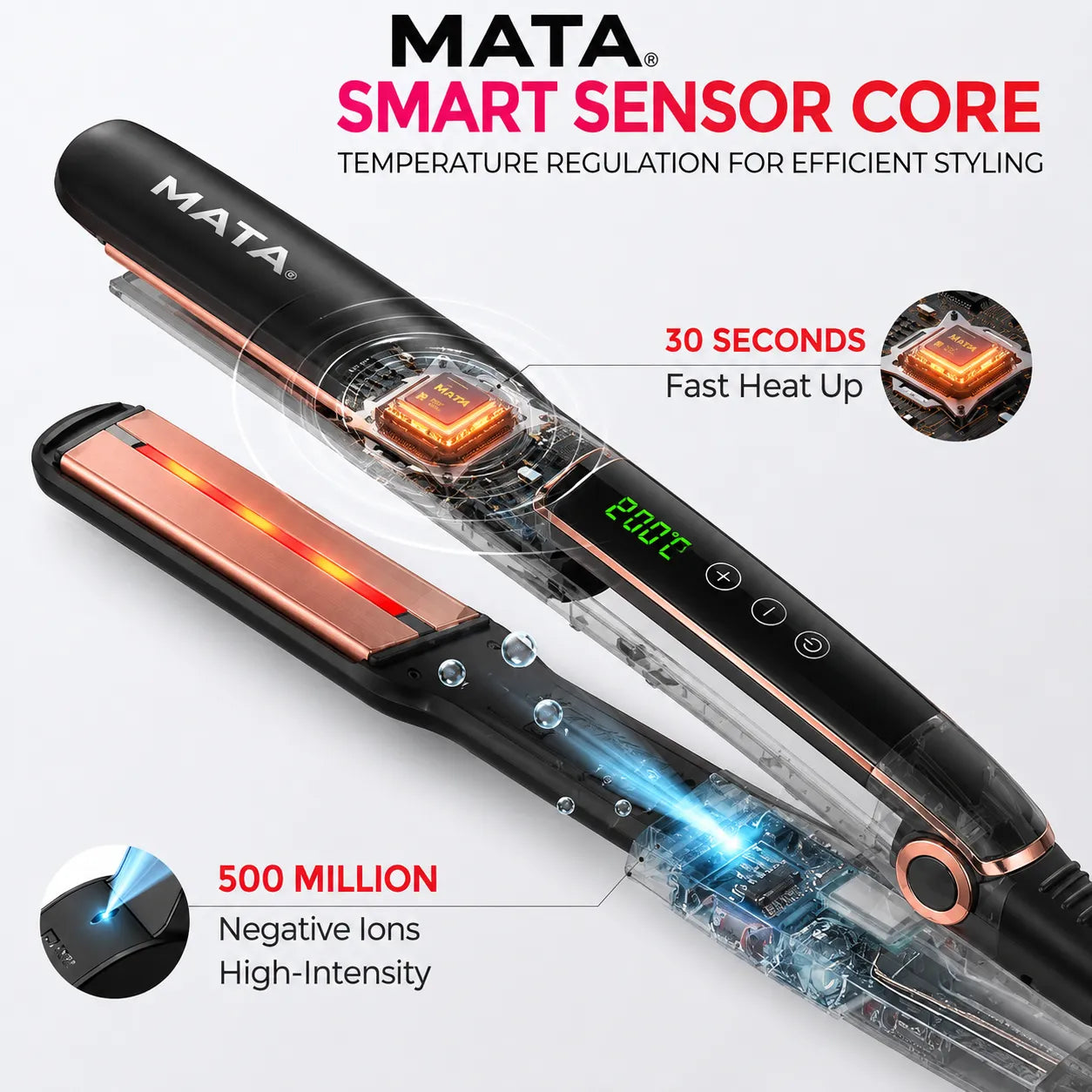 MATA Infrared Hair Straightener | Ionic Ceramic Flat Iron with LED Display & Fast Heating