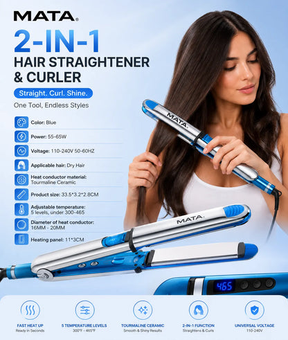 MATA 2-in-1 Hair Straightener & Curler | Tourmaline Ceramic Flat Iron with Adjustable Heat