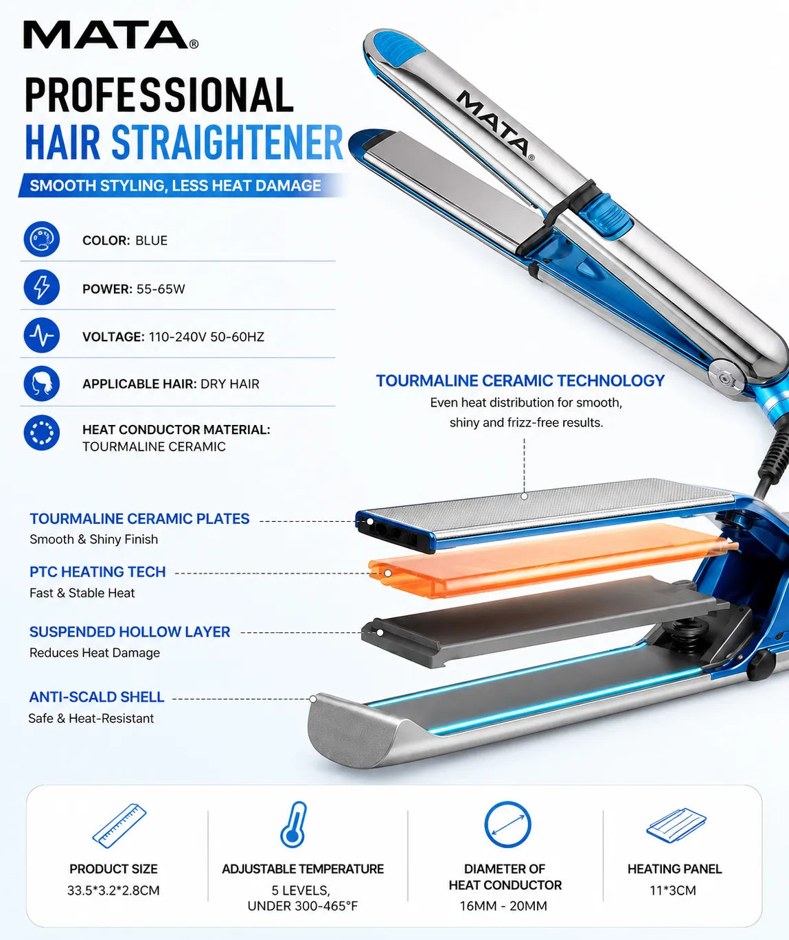 MATA 2-in-1 Hair Straightener & Curler | Tourmaline Ceramic Flat Iron with Adjustable Heat