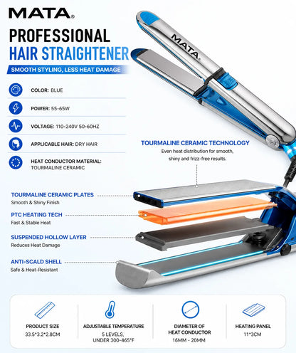 MATA 2-in-1 Hair Straightener & Curler | Tourmaline Ceramic Flat Iron with Adjustable Heat