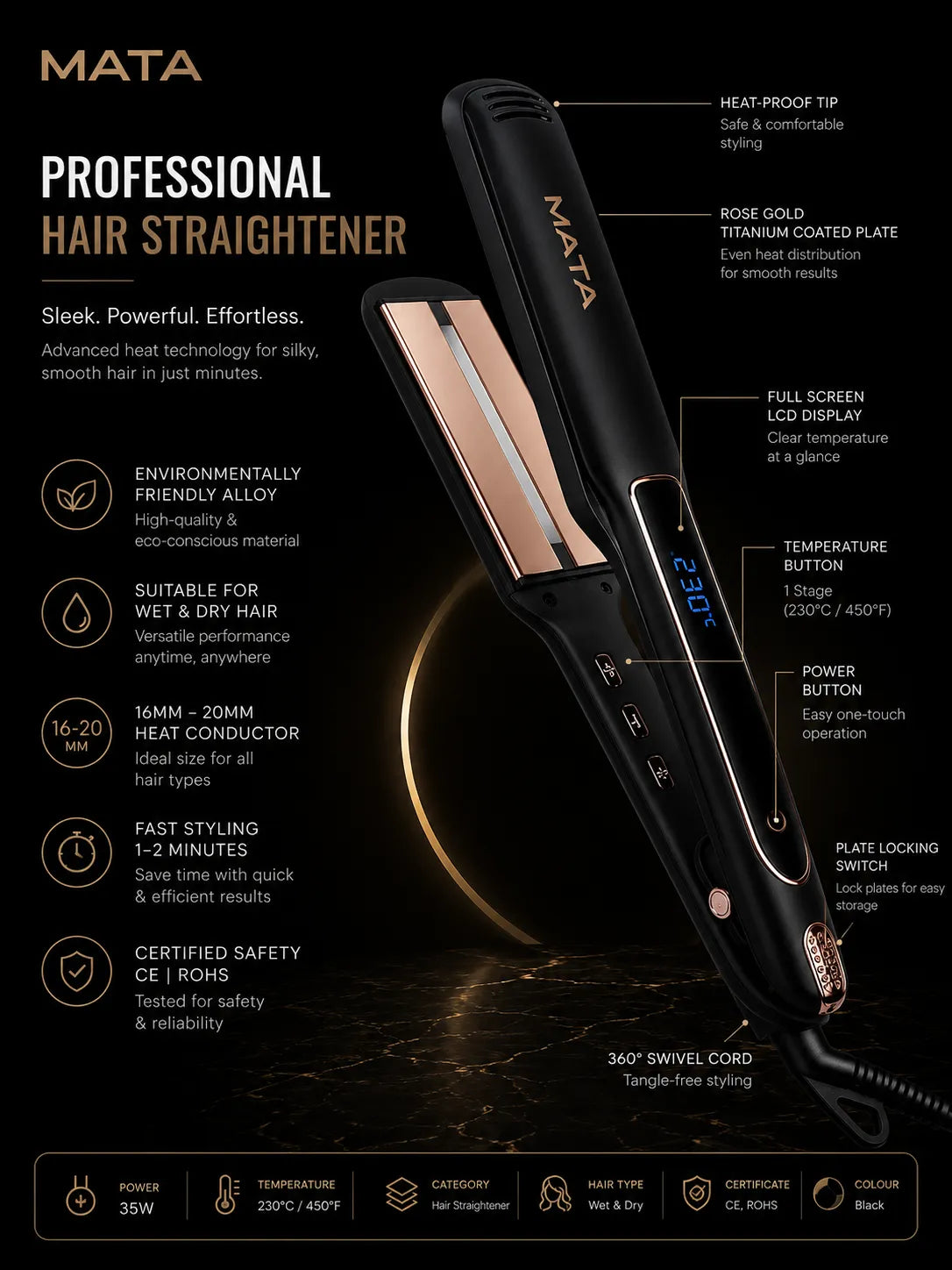 MATA Infrared Wide Plate Hair Straightener | LCD Display Ceramic Flat Iron for Wet & Dry Hair