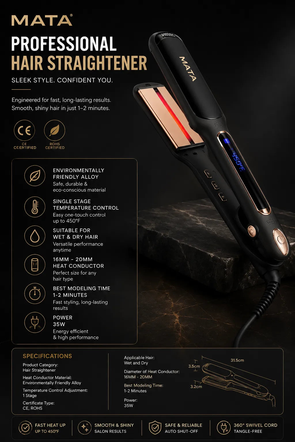 MATA Infrared Wide Plate Hair Straightener | LCD Display Ceramic Flat Iron for Wet & Dry Hair