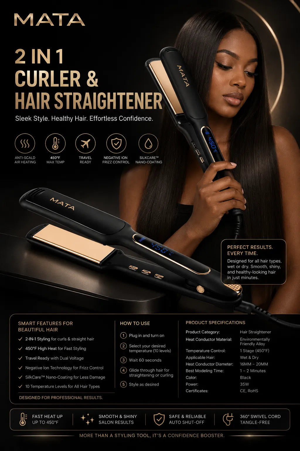 MATA Infrared Wide Plate Hair Straightener | LCD Display Ceramic Flat Iron for Wet & Dry Hair