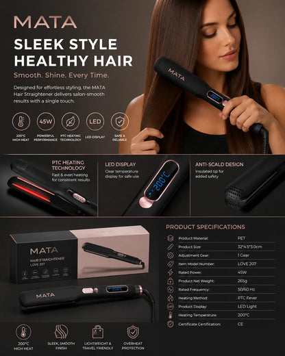 MATA 2-in-1 Hair Curler & Straightener | Ceramic Flat Iron for Smooth Straight Hair & Beautiful Curls