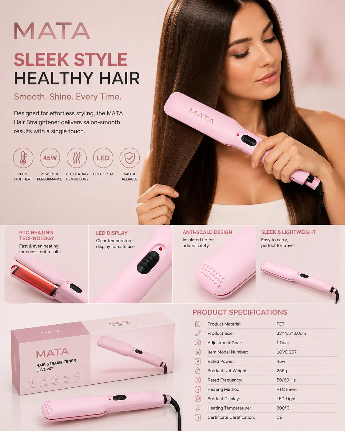 MATA 2-in-1 Hair Curler & Straightener | Ceramic Flat Iron for Smooth Straight Hair & Beautiful Curls