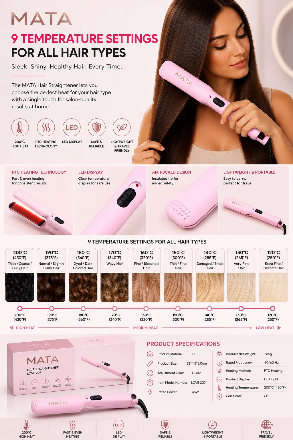 MATA 2-in-1 Hair Curler & Straightener | Ceramic Flat Iron for Smooth Straight Hair & Beautiful Curls