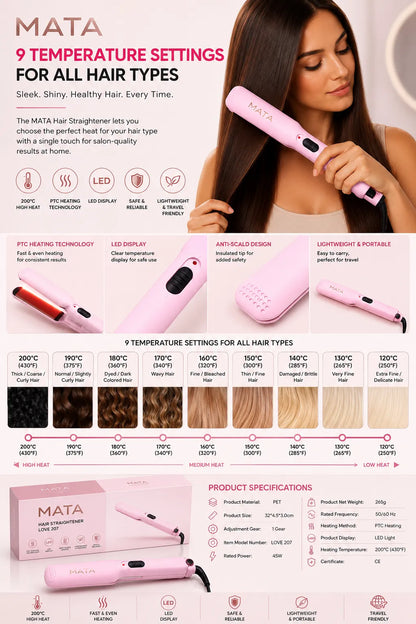 MATA 2-in-1 Hair Curler & Straightener | Ceramic Flat Iron for Smooth Straight Hair & Beautiful Curls