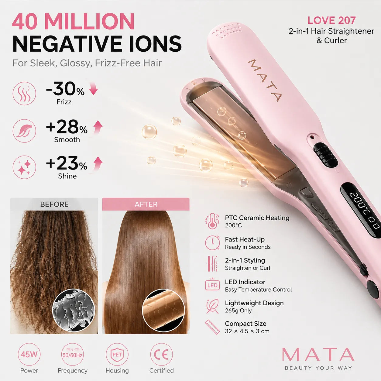 MATA 2-in-1 Hair Curler & Straightener | Ceramic Flat Iron for Smooth Straight Hair & Beautiful Curls