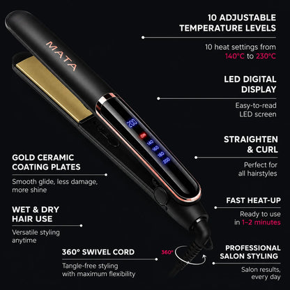 MATA 2-in-1 LED Hair Straightener & Curler | Ceramic Flat Iron for Wet & Dry Hair