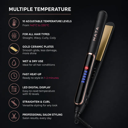 MATA 2-in-1 LED Hair Straightener & Curler | Ceramic Flat Iron for Wet & Dry Hair
