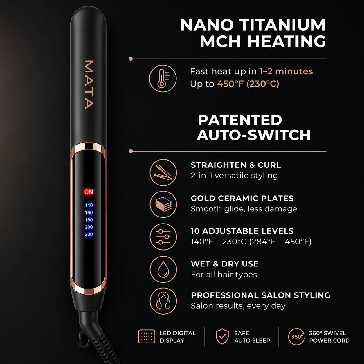 MATA 2-in-1 LED Hair Straightener & Curler | Ceramic Flat Iron for Wet & Dry Hair