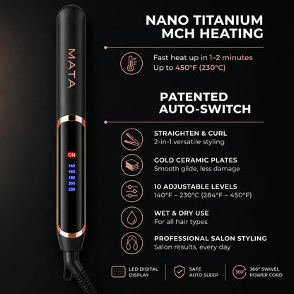 MATA 2-in-1 LED Hair Straightener & Curler | Ceramic Flat Iron for Wet & Dry Hair