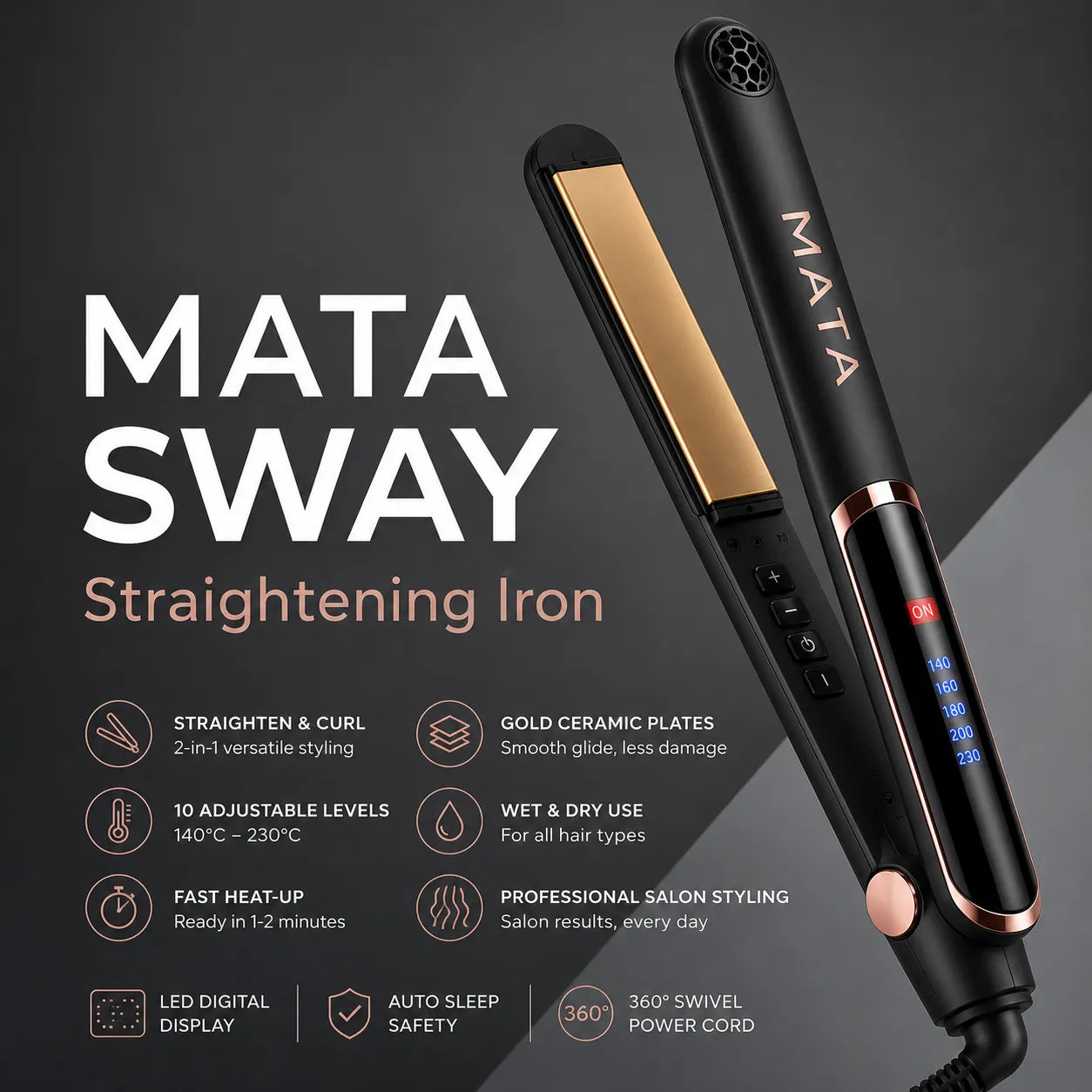 MATA 2-in-1 LED Hair Straightener & Curler | Ceramic Flat Iron for Wet & Dry Hair
