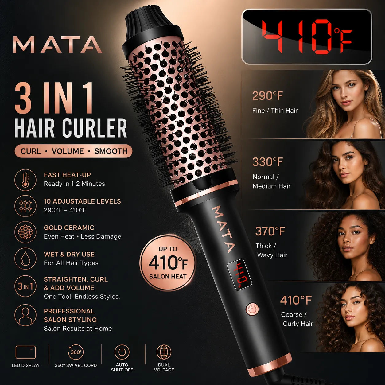 MATA Hot Air Hair Styling Brush | 3-in-1 Hair Dryer, Straightener & Volumizing Brush with Negative Ion Technology