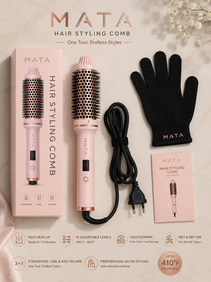 MATA Hot Air Hair Styling Brush | 3-in-1 Hair Dryer, Straightener & Volumizing Brush with Negative Ion Technology