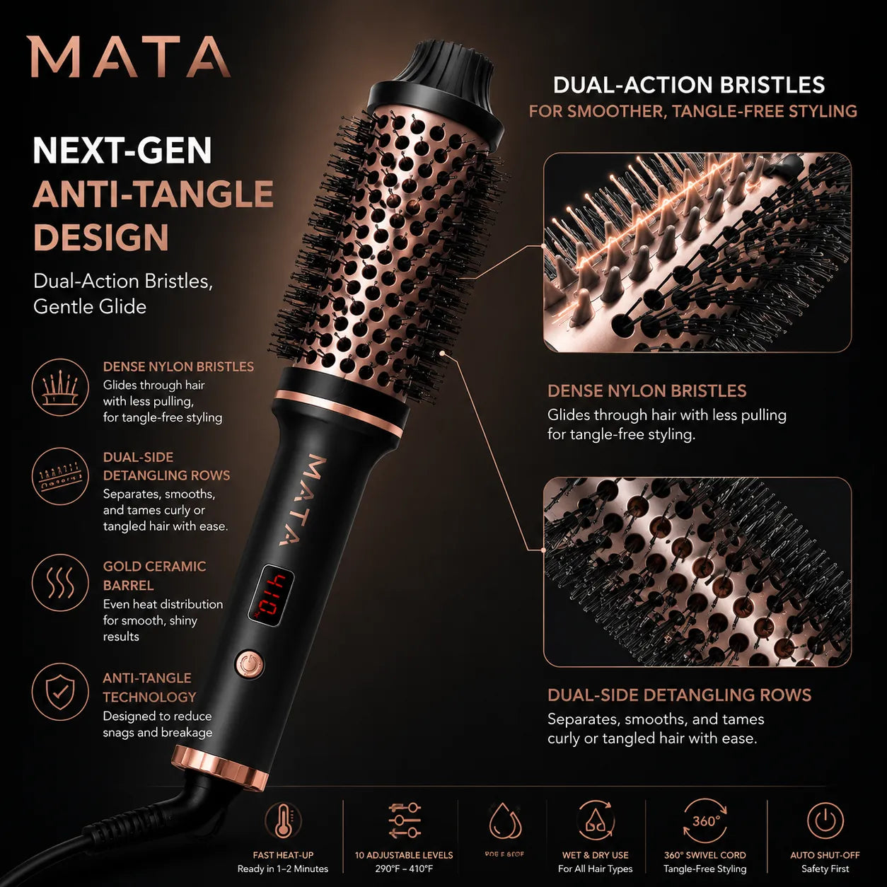 MATA Hot Air Hair Styling Brush | 3-in-1 Hair Dryer, Straightener & Volumizing Brush with Negative Ion Technology