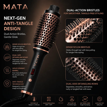 MATA Hot Air Hair Styling Brush | 3-in-1 Hair Dryer, Straightener & Volumizing Brush with Negative Ion Technology