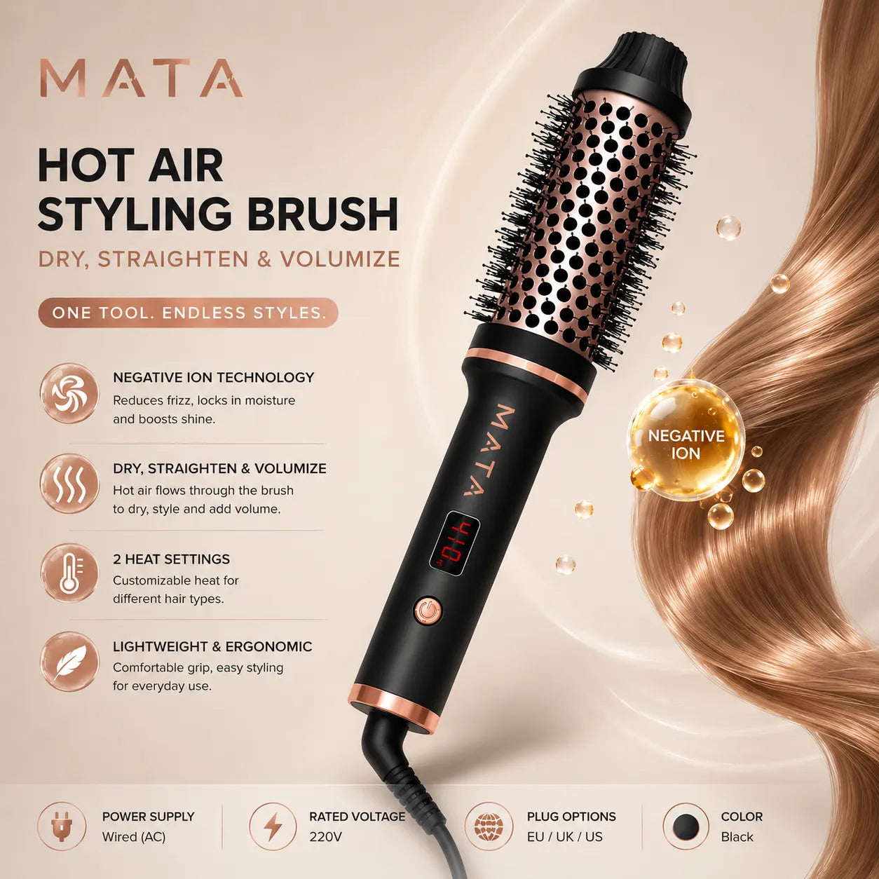 MATA Hot Air Hair Styling Brush | 3-in-1 Hair Dryer, Straightener & Volumizing Brush with Negative Ion Technology