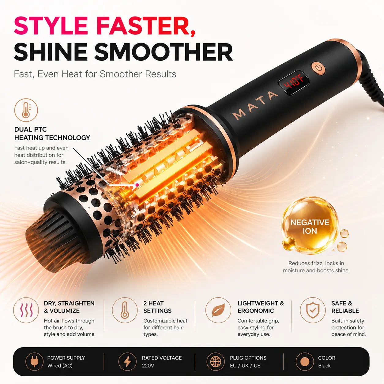MATA Hot Air Hair Styling Brush | 3-in-1 Hair Dryer, Straightener & Volumizing Brush with Negative Ion Technology