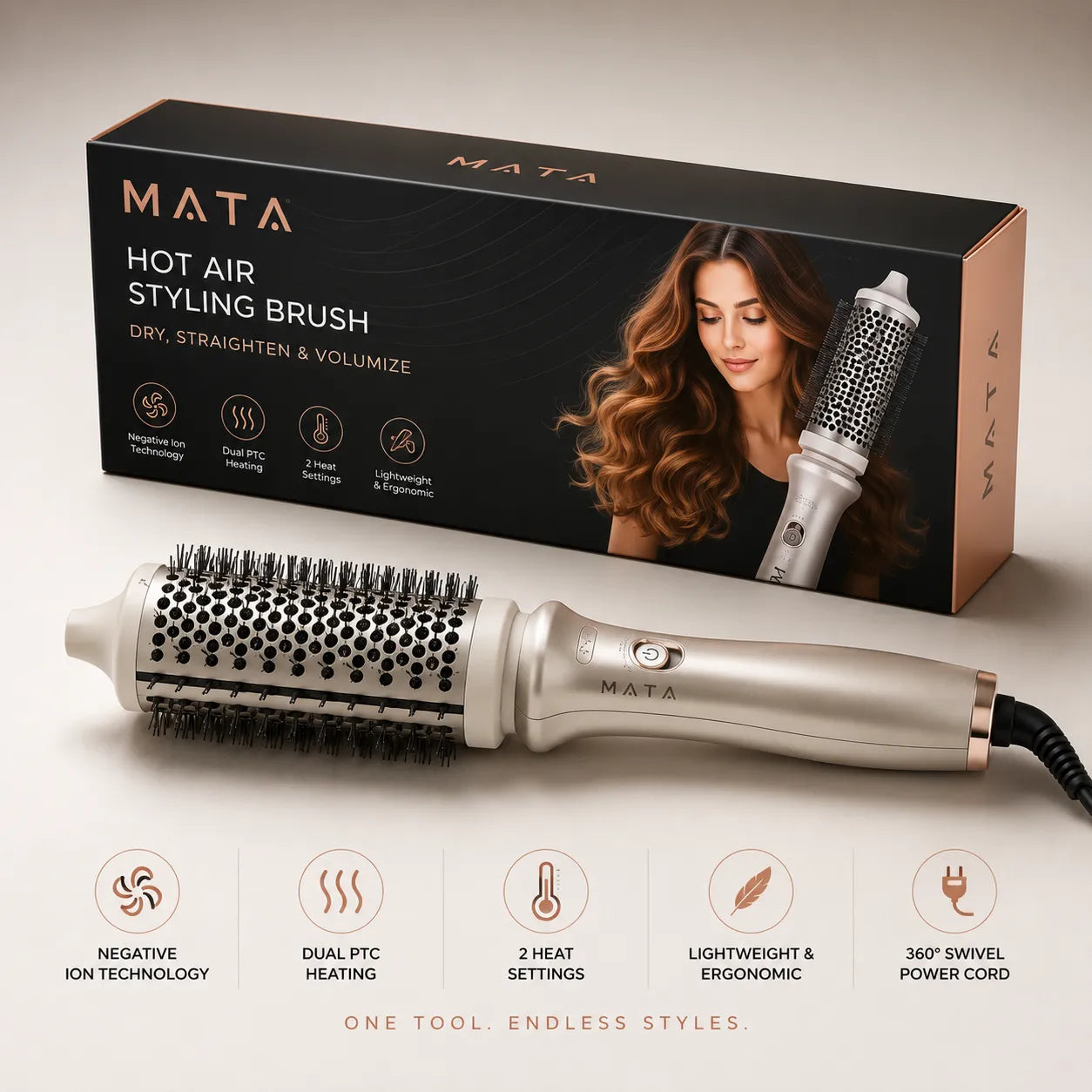 MATA Hot Air Hair Styling Brush | 3-in-1 Hair Dryer, Straightener & Volumizing Brush with Negative Ion Technology