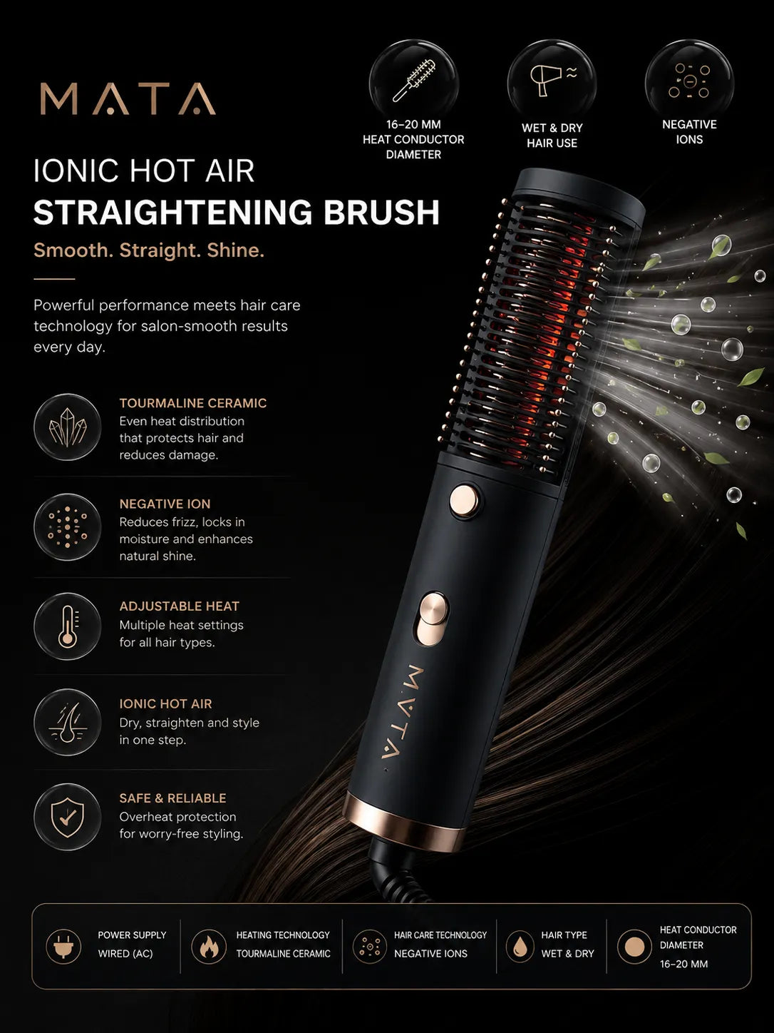 MATA Ionic Hot Air Straightening Brush | Tourmaline Ceramic Hair Straightener for Wet & Dry Hair