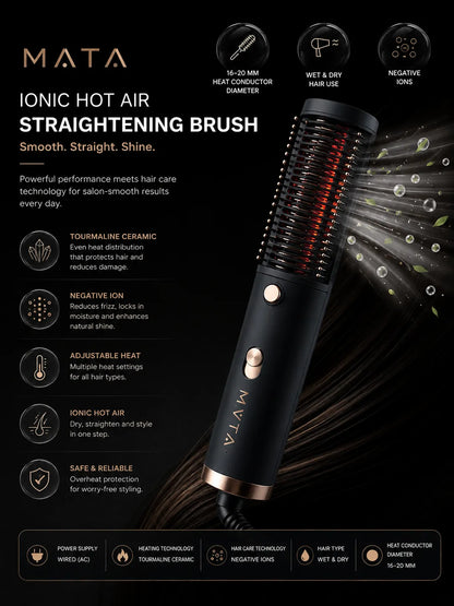 MATA Ionic Hot Air Straightening Brush | Tourmaline Ceramic Hair Straightener for Wet & Dry Hair