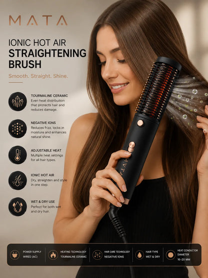 MATA Ionic Hot Air Straightening Brush | Tourmaline Ceramic Hair Straightener for Wet & Dry Hair
